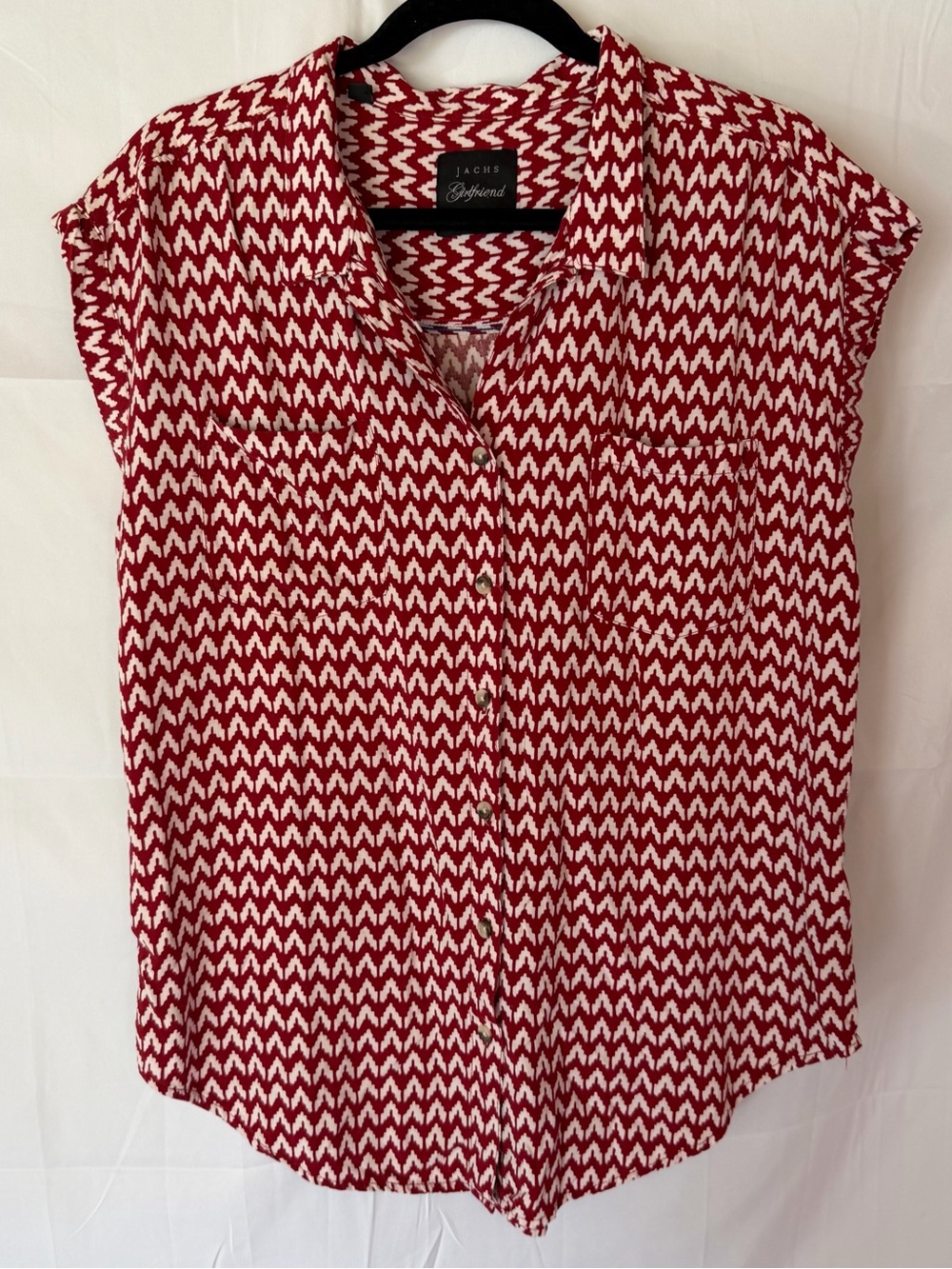 Jachs Girlfriend Women's Short Sleeve Blouse Red White Chevron Design Sz Large